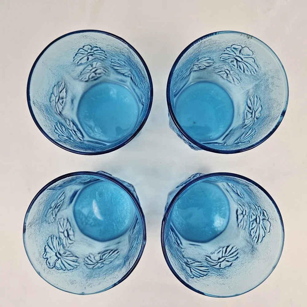 Anchor Hocking Springsong Drinking Glasses Laser Blue Flower 8 oz MCM 4 Piece